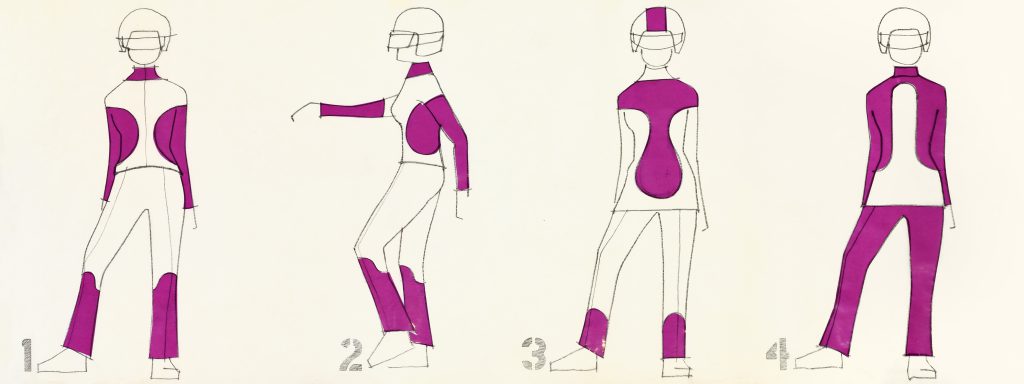 sketch with four figures wearing a helmet. The clothing is partly magenta-coloured