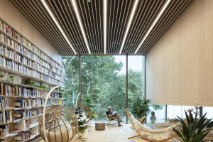 Interior with hammock and hanging chairs, wall of books on the left