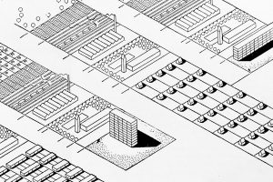 b/w drawing of a settlement or town from above