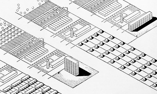 b/w drawing of a settlement or town from above